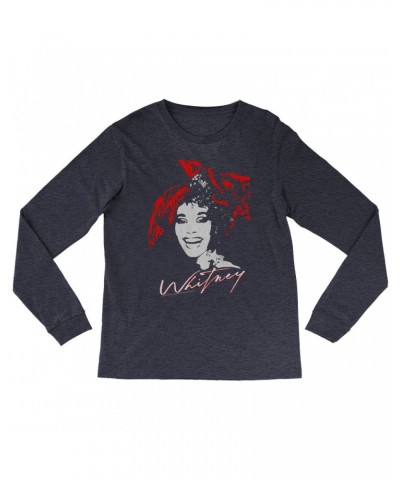 Whitney Houston Heather Long Sleeve Shirt | 1987 Red Scarf Photo Design With Logo Distressed Shirt $7.42 Shirts