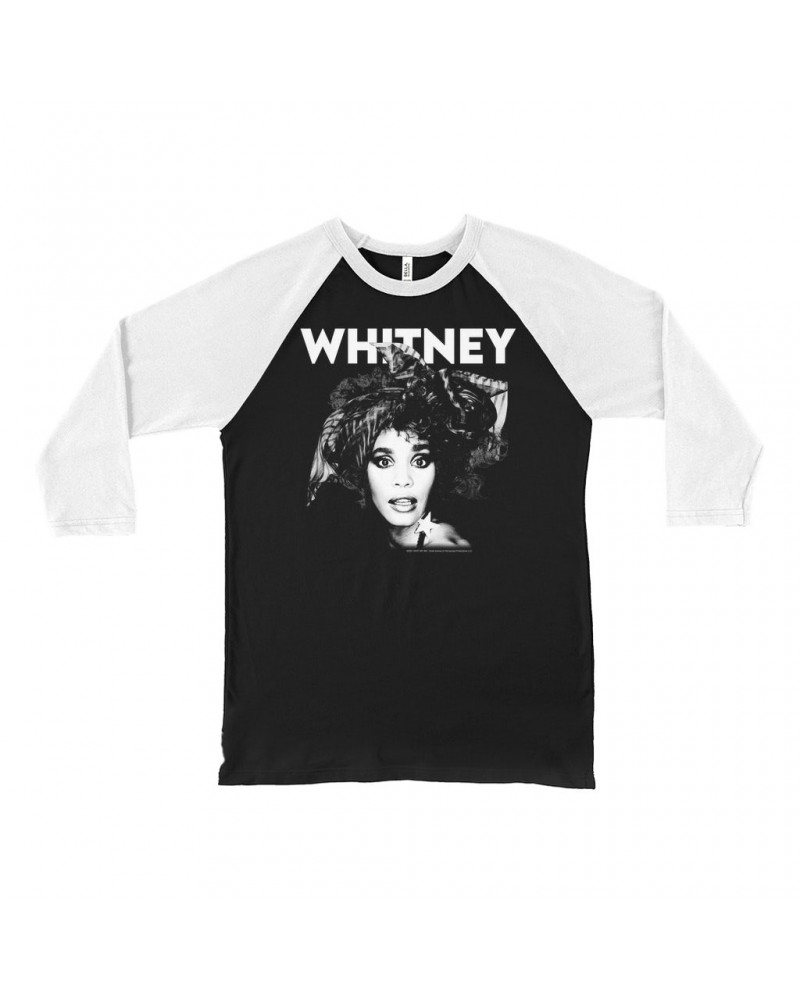 Whitney Houston 3/4 Sleeve Baseball Tee | 1987 Photo White Whitney Design Shirt $13.28 Shirts