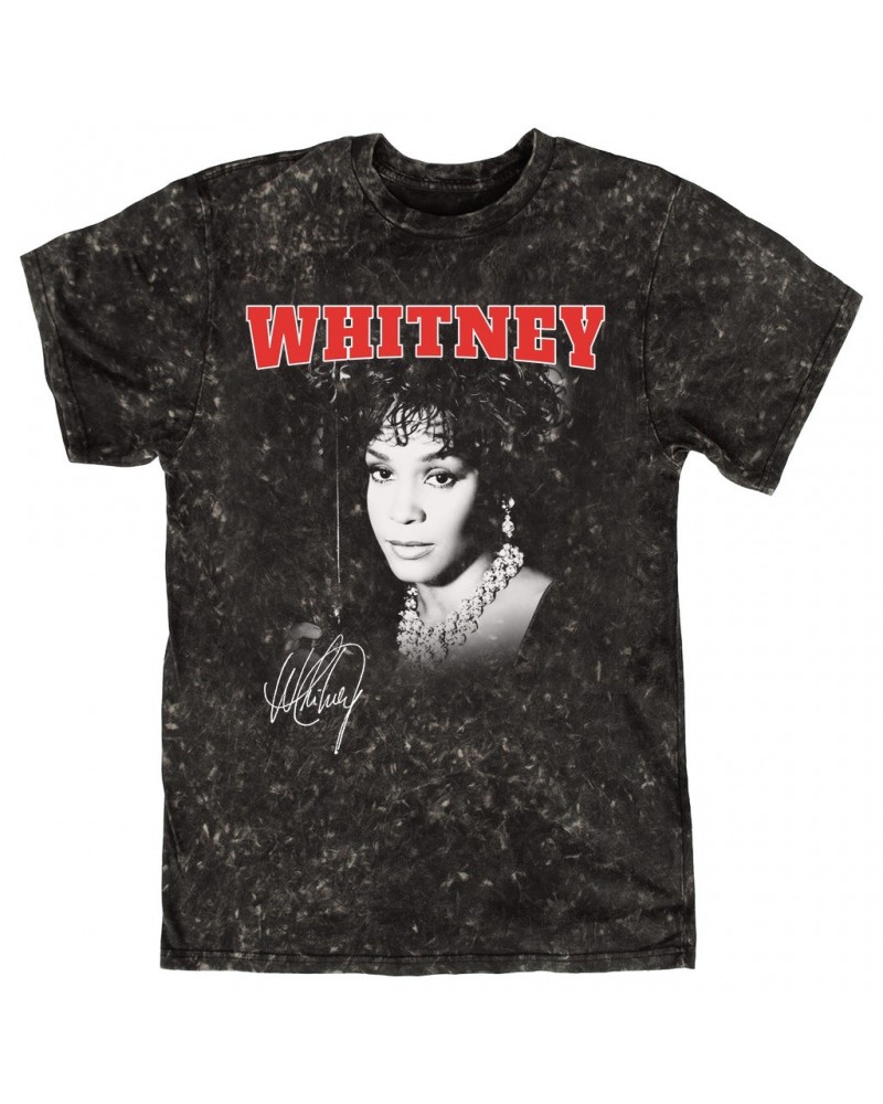 Whitney Houston T-shirt | Black And White Photo Collegiate Logo Mineral Wash Shirt $7.55 Shirts