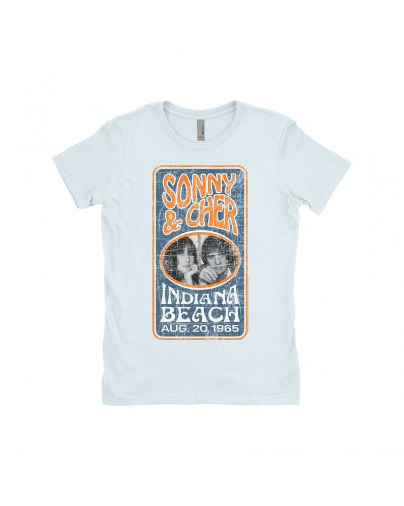 Sonny & Cher Ladies' Boyfriend T-Shirt | Indiana Beach Vertical Concert Banner Distressed Shirt $6.75 Shirts